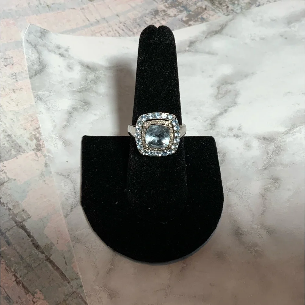 Stunning 10K Cushion-Cut Swiss Blue Topaz & Diamond Ring - Double Halo - Sz 6.75 - Picture 11 of 16